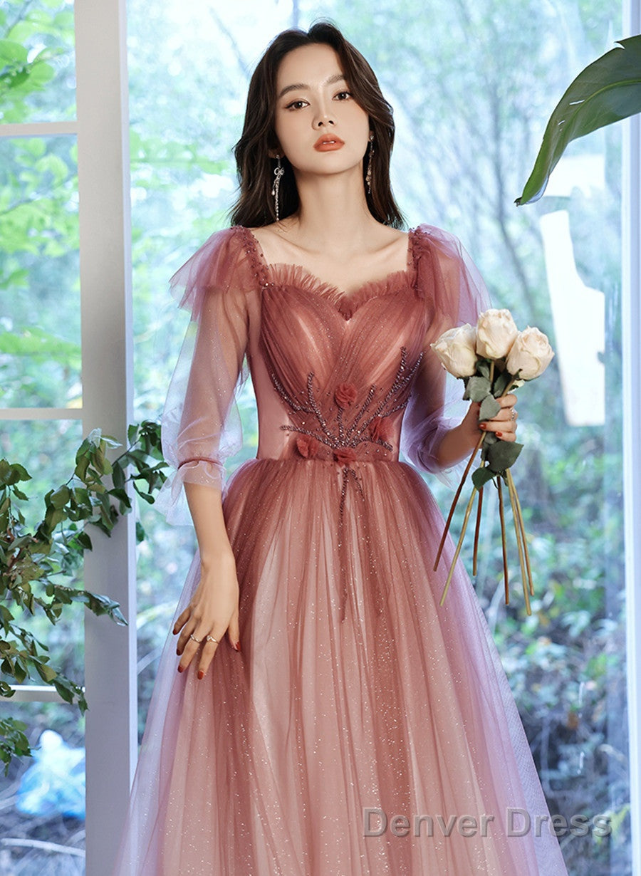 Pink Gradient Tulle A-Line Puffy Sleeves Party Dress, Pink Long Prom Dress