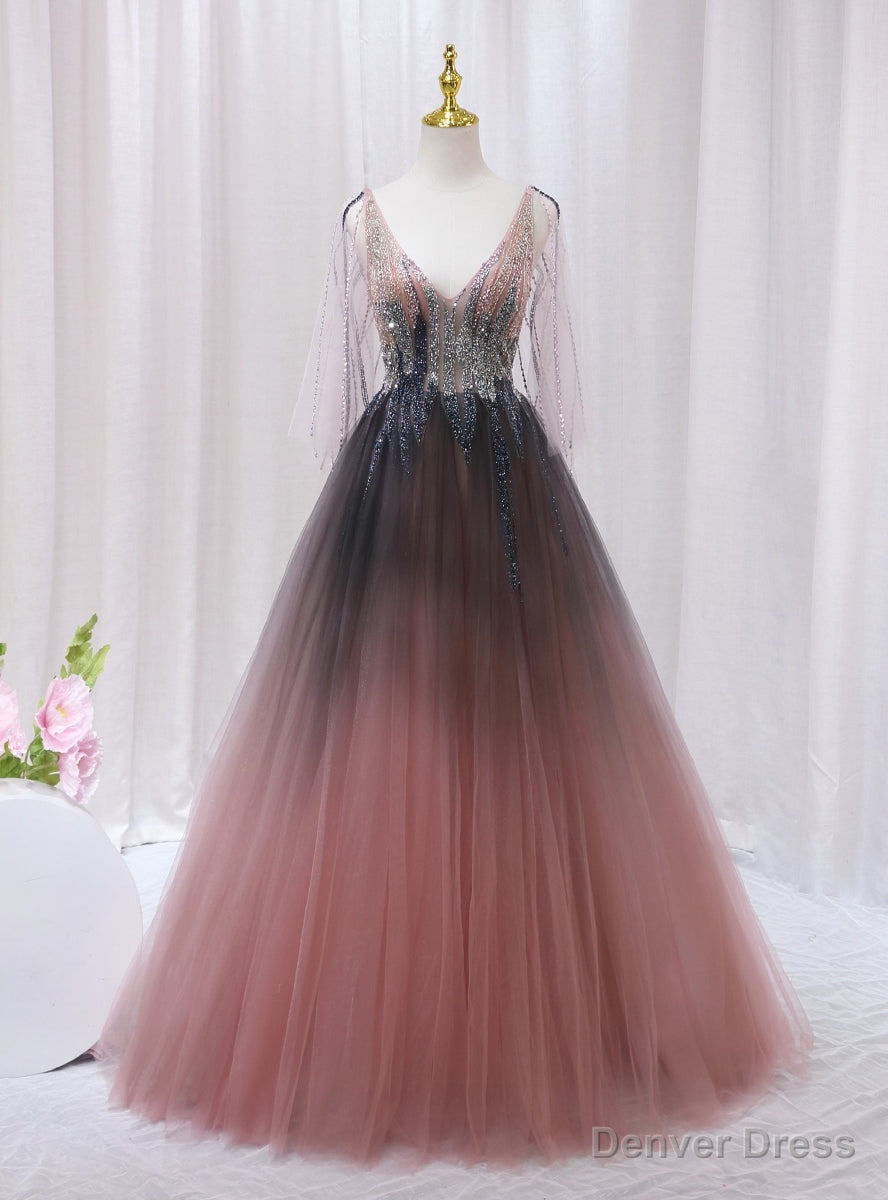 Pink Gray Tulle V Neck Beading Prom Dresses