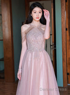 Pink Haler Tulle Beaded A Line Prom Dress, Pink Tulle Prom Dress