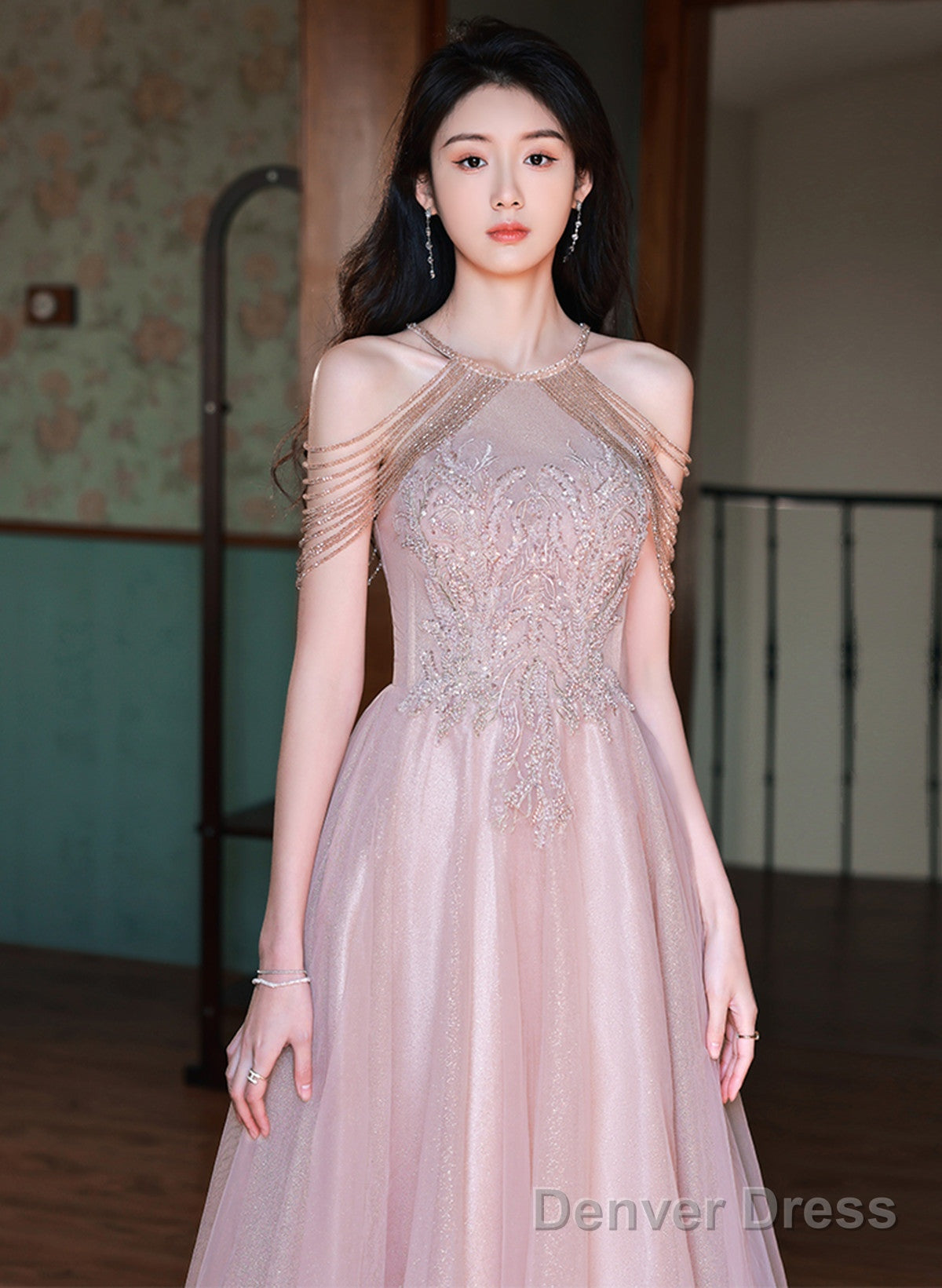 Pink Haler Tulle Beaded A Line Prom Dress, Pink Tulle Prom Dress