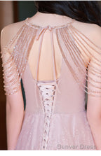 Pink Haler Tulle Beaded A Line Prom Dress, Pink Tulle Prom Dress