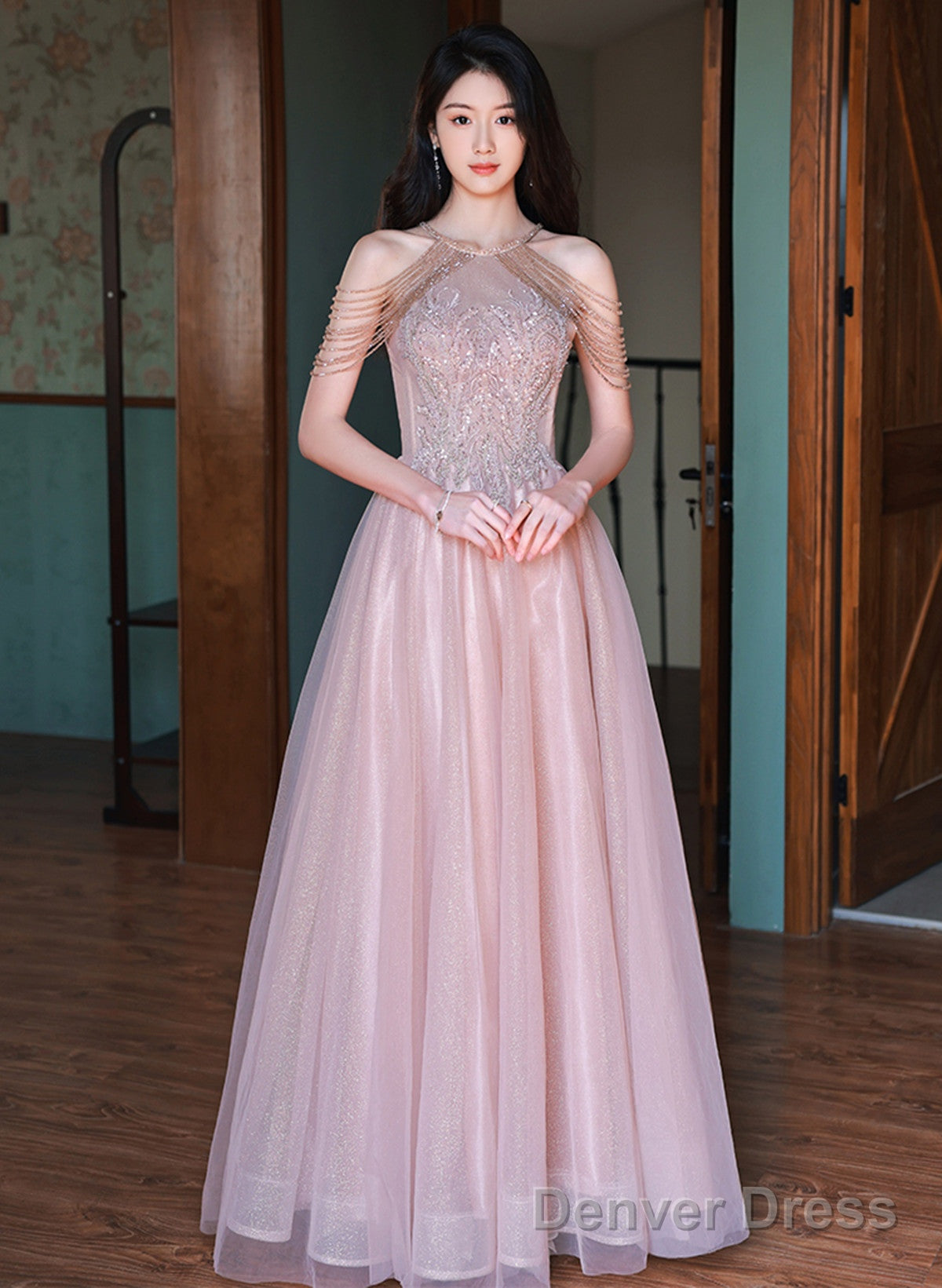 Pink Haler Tulle Beaded A Line Prom Dress, Pink Tulle Prom Dress Main image