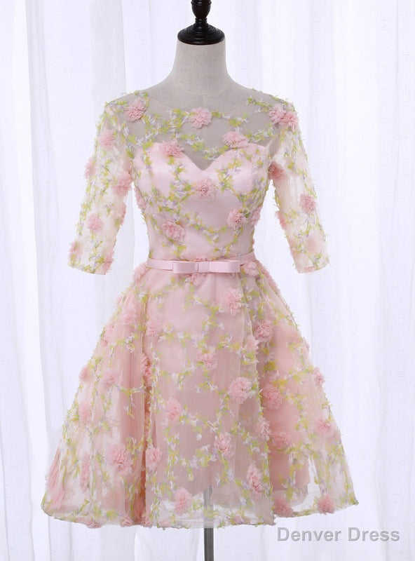 Pink Half Sleeve Flower Homecoming Dresses Main image