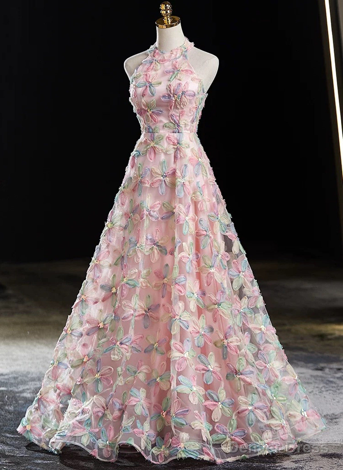 Pink Halter A Line Floral Lace Long Prom Dress, Pink Low Back Prom Dresses