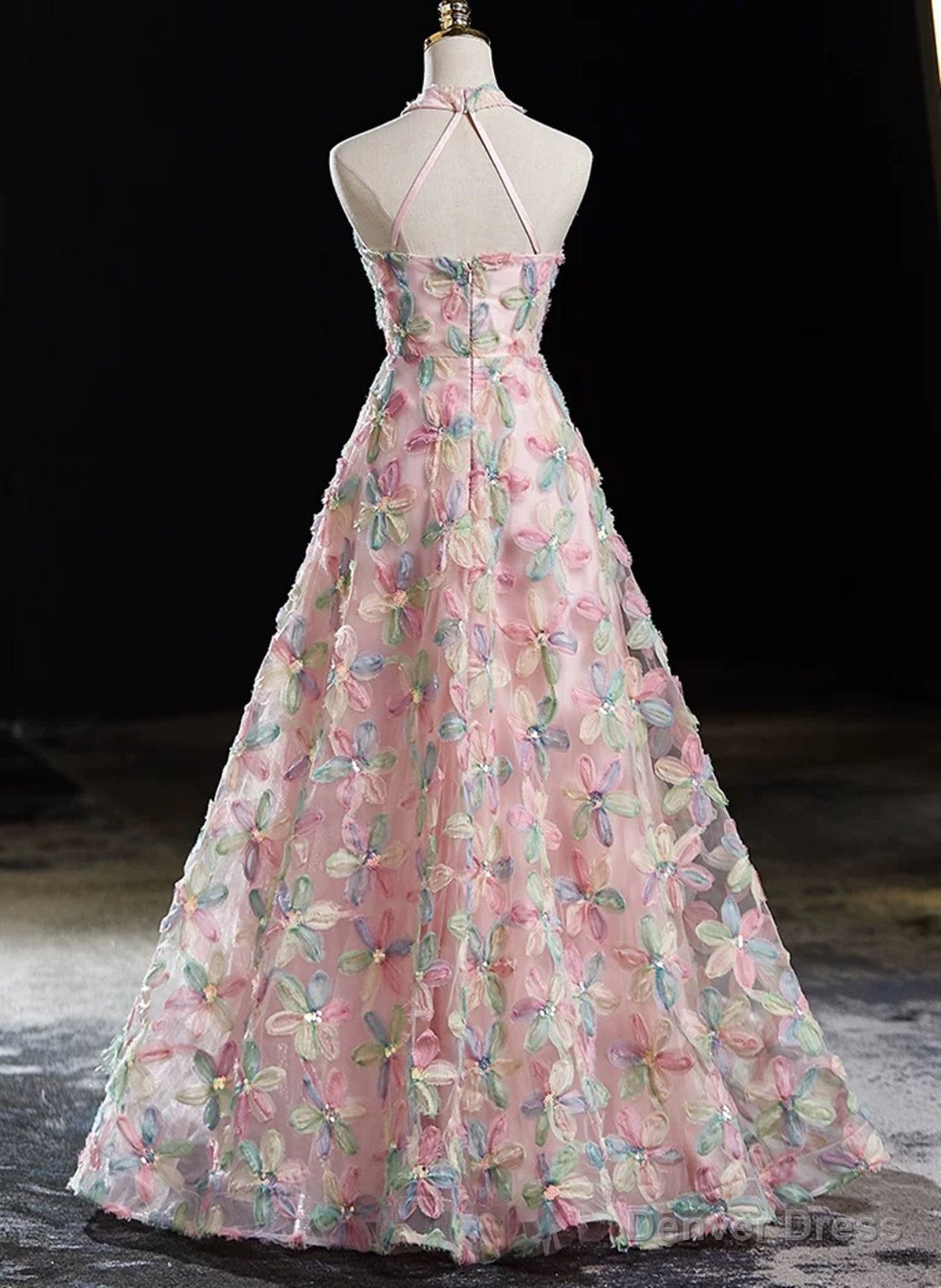 Pink Halter A Line Floral Lace Long Prom Dress, Pink Low Back Prom Dresses