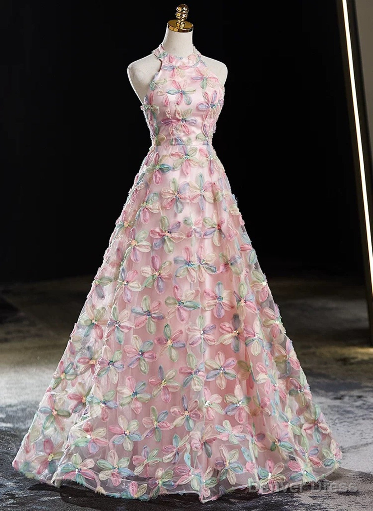 Pink Halter A Line Floral Lace Long Prom Dress, Pink Low Back Prom Dresses