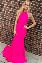 Pink Halter Keyhole Mermaid Long Prom Dresses