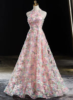Pink Halter Lace A Line Floor Length Prom Dress, Pink Lace Prom Dresses