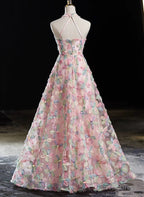 Pink Halter Lace A Line Floor Length Prom Dress, Pink Lace Prom Dresses