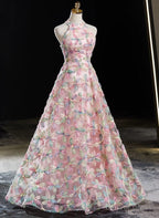 Pink Halter Lace A Line Floor Length Prom Dress, Pink Lace Prom Dresses