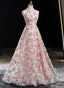 Pink Halter Lace A Line Floor Length Prom Dress, Pink Lace Prom Dresses