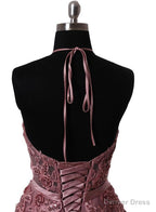 Pink Halter Lace up Long Prom Gowns, Pink Prom Dresses