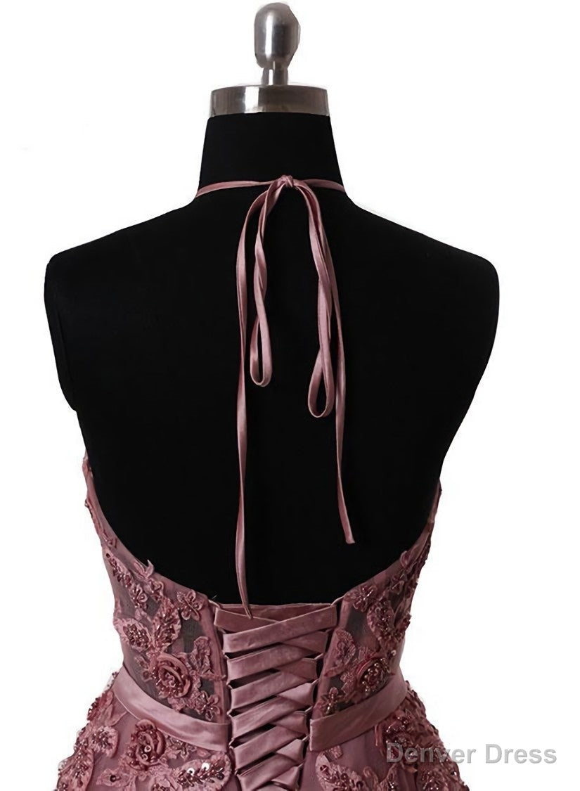 Pink Halter Lace up Long Prom Gowns, Pink Prom Dresses