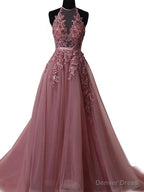 Pink Halter Lace up Long Prom Gowns, Pink Prom Dresses