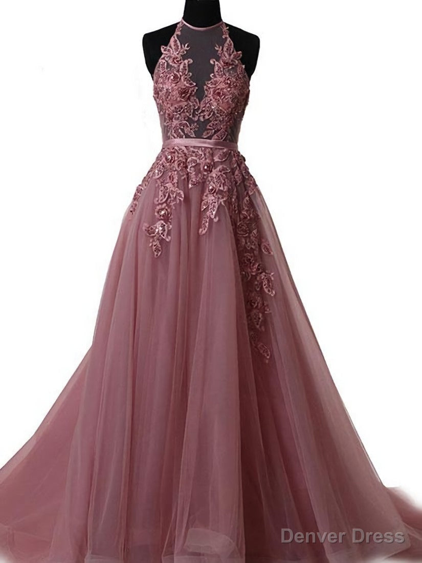 Pink Halter Lace up Long Prom Gowns, Pink Prom Dresses