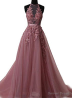 Pink Halter Lace up Long Prom Gowns, Pink Prom Dresses