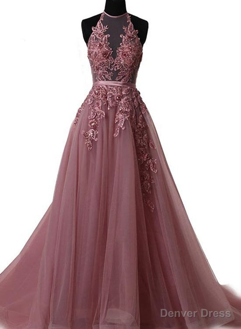 Pink Halter Lace up Long Prom Gowns, Pink Prom Dresses