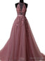 Pink Halter Lace up Long Prom Gowns, Pink Prom Dresses