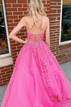 Pink Halter Long Prom Dresses With Appliques
