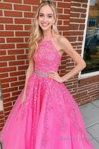 Pink Halter Long Prom Dresses With Appliques