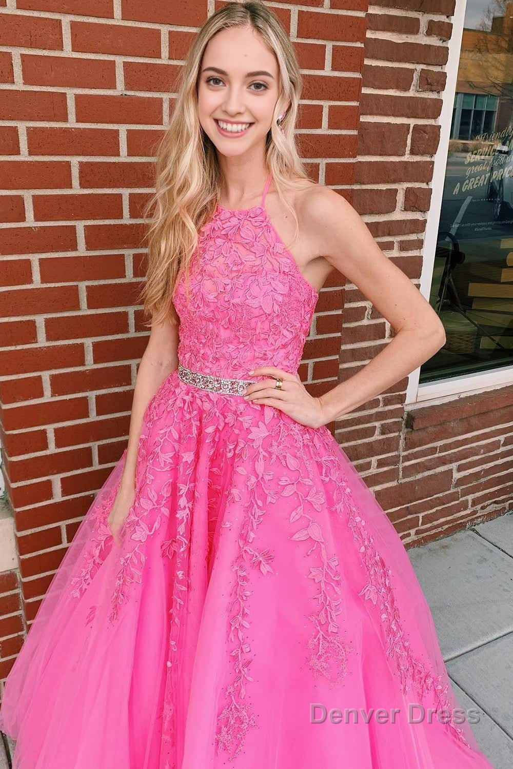 Pink Halter Long Prom Dresses With Appliques