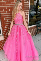 Pink Halter Long Prom Dresses With Appliques