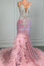 Pink Halter Mermaid Prom Dress With Sequins Beadings And Tulle Ruffle