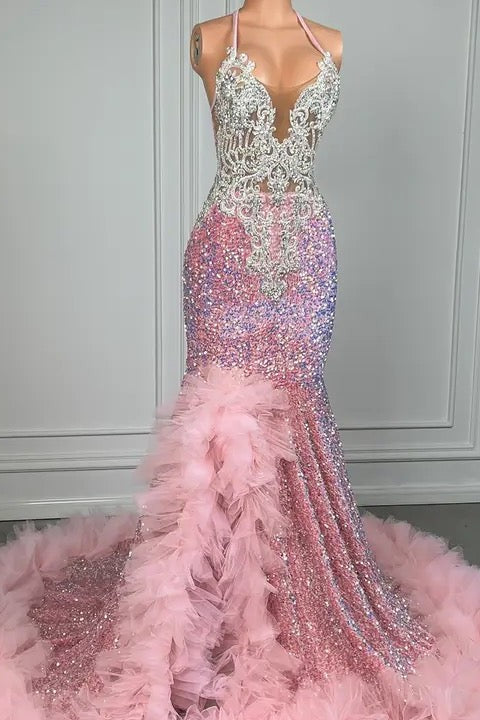 Pink Halter Mermaid Prom Dress With Sequins Beadings And Tulle Ruffle