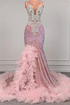 Pink Halter Mermaid Prom Dress With Sequins Beadings And Tulle Ruffle