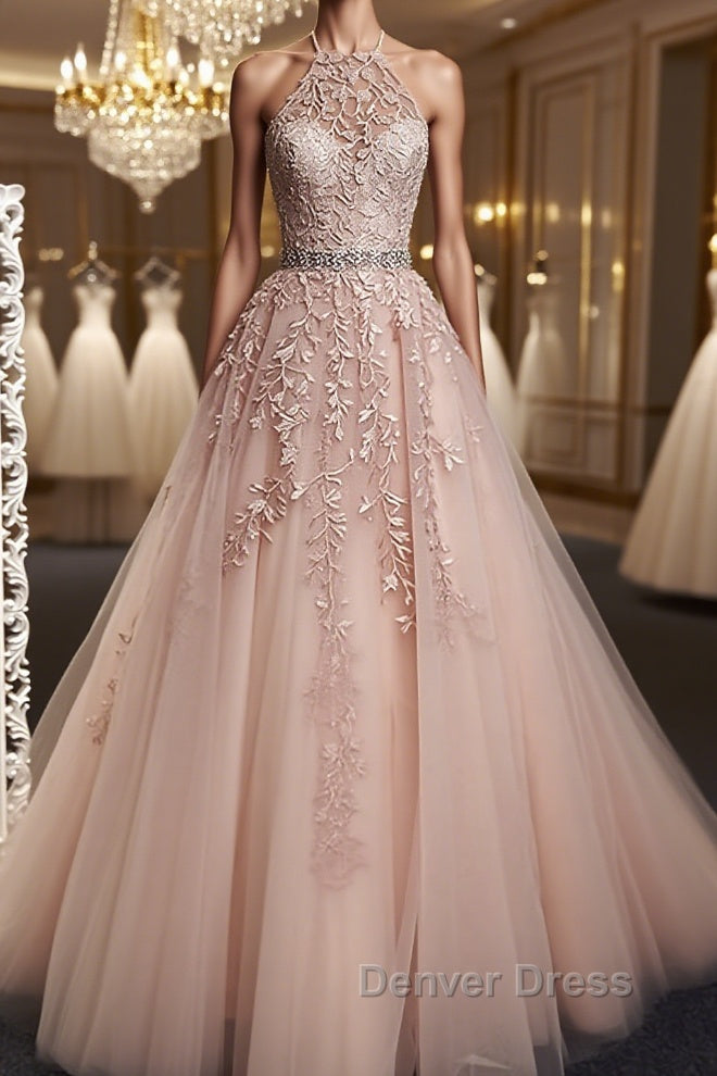 Pink Halter Neck Lace Prom Dress, Pink Halter Neck Long Lace Prom Dresses Main image