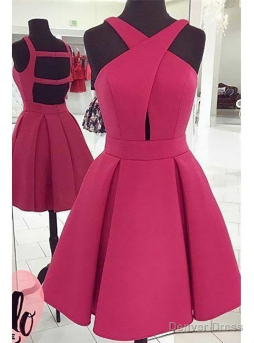 Pink Halter Neck Short A Line Prom Homecoming Dresses Featuring Cutout Back