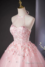 Pink Halter Tulle Flowers Long Prom Dress, Beautiful Backless Prom Dresses