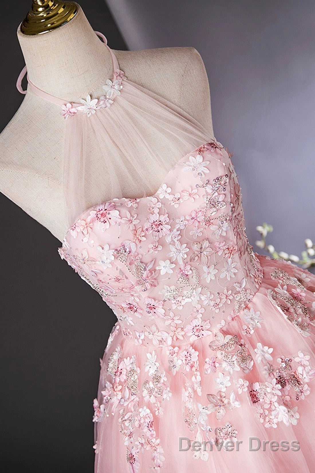 Pink Halter Tulle Flowers Long Prom Dress, Beautiful Backless Prom Dresses