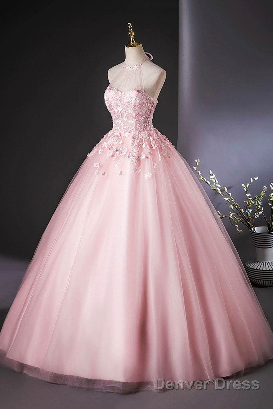 Pink Halter Tulle Flowers Long Prom Dress, Beautiful Backless Prom Dresses