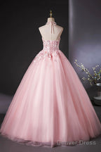 Pink Halter Tulle Flowers Long Prom Dress, Beautiful Backless Prom Dresses