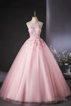 Pink Halter Tulle Flowers Long Prom Dress, Beautiful Backless Prom Dresses
