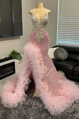 Pink Halter Tulle ruffles High Split Prom Party Dresses