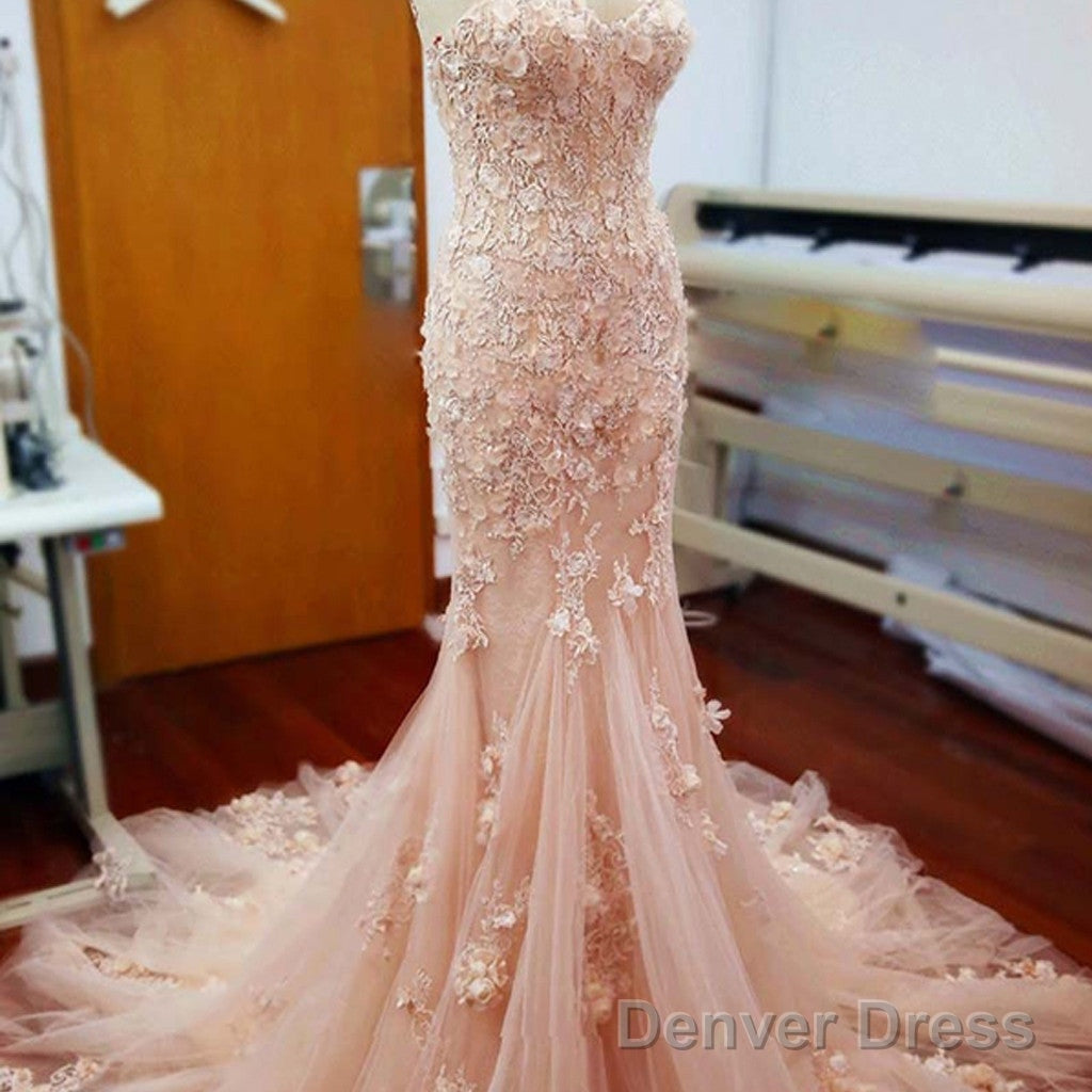 Pink Handmade Flowers Lace Appliques Sweetheart Strapless Sexy Mermaid Long Wedding Dresses, Main image