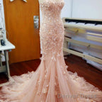 Pink Handmade Flowers Lace Appliques Sweetheart Strapless Sexy Mermaid Long Wedding Dresses,
