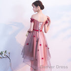 Pink High Low Tulle Prom Dress With Flowers, Pink Homecoming Dresses