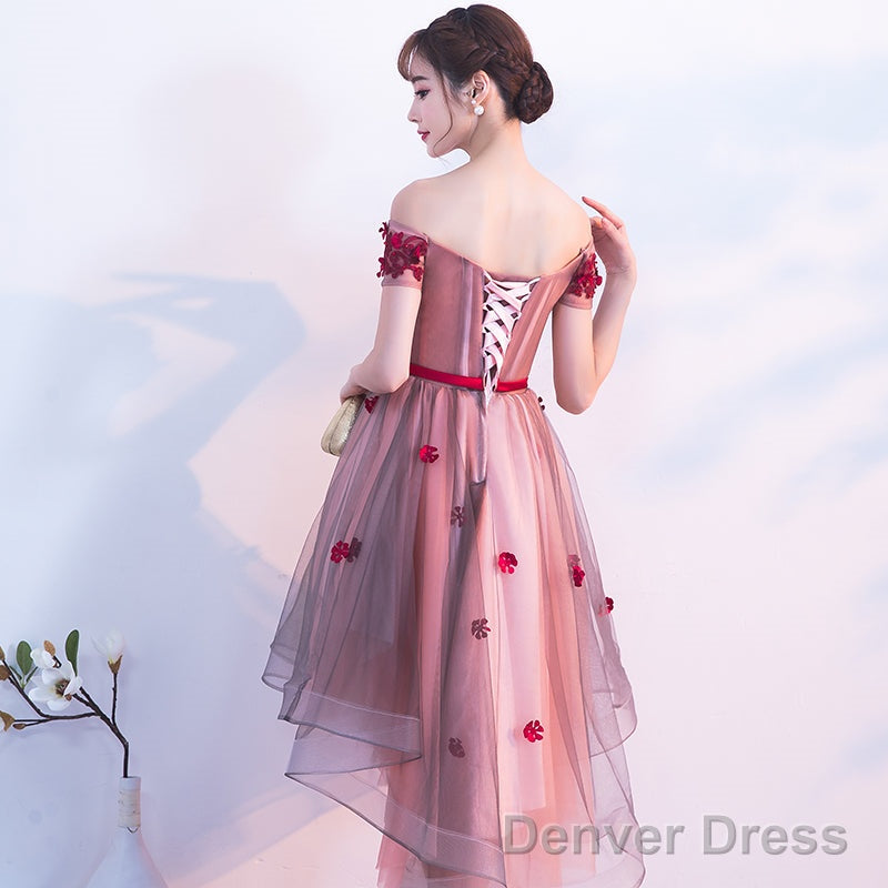 Pink High Low Tulle Prom Dress With Flowers, Pink Homecoming Dresses