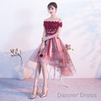 Pink High Low Tulle Party Dress With Flowers, Pink Homecoming Dresses