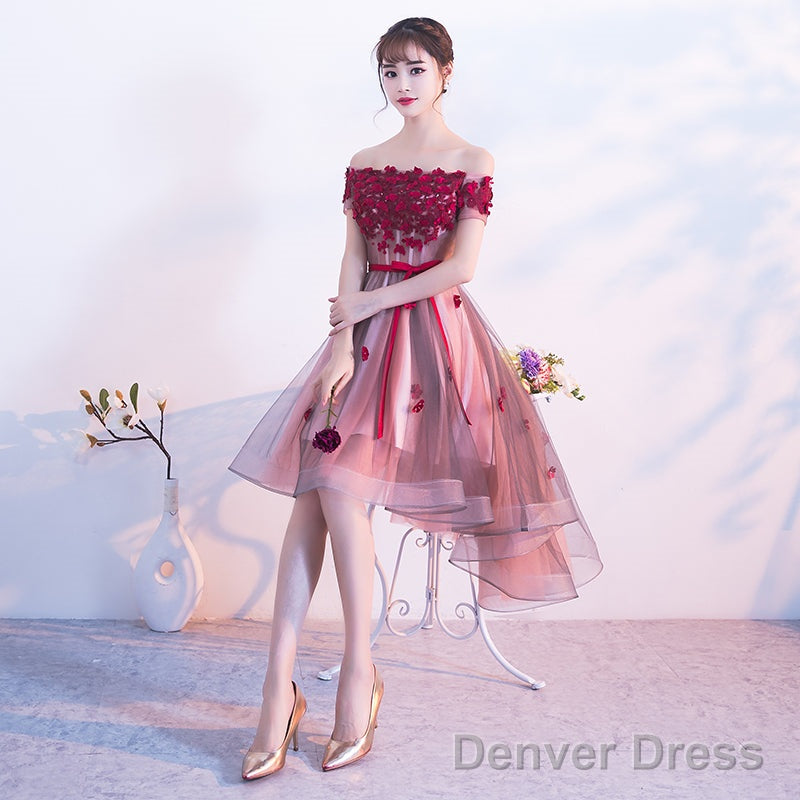 Pink High Low Tulle Party Dress With Flowers, Pink Homecoming Dresses