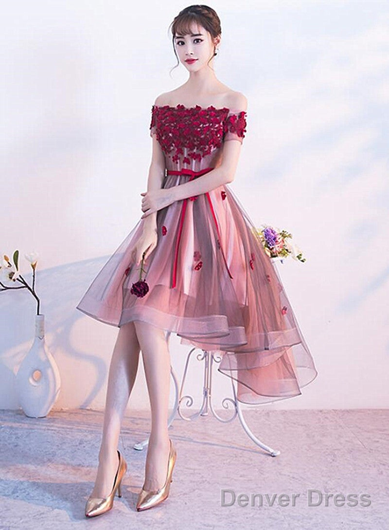 Pink High Low Tulle Prom Dress With Flowers, Pink Homecoming Dresses