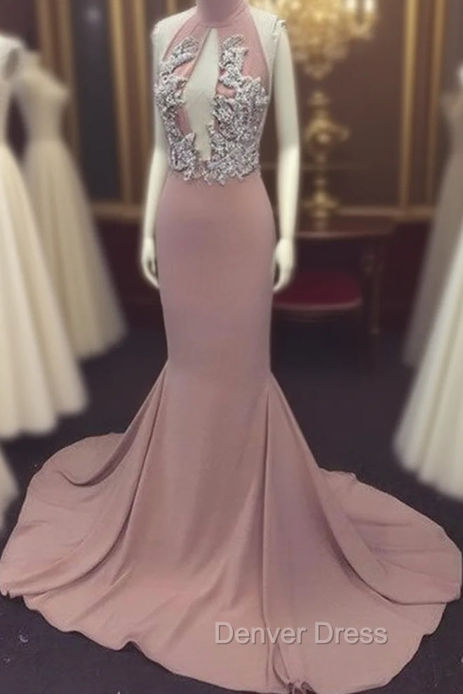 Pink High Neck Long Prom Dress For Teens, Prom Dresses