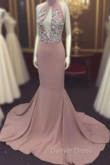 Pink High Neck Long Prom Dresses For Teens, Evening Dresses