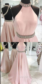 Pink High Neck Long Prom Dresses, Pink Backless Evening Dresses