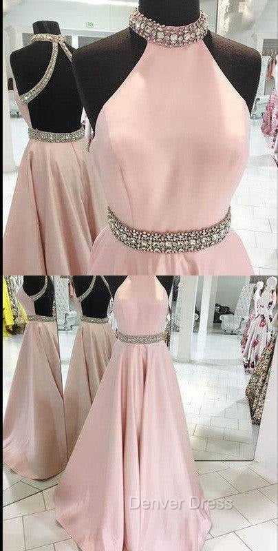 Pink High Neck Long Prom Dresses, Pink Backless Evening Dresses