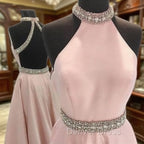 Pink High Neck Long Prom Dresses, Pink Backless Evening Dresses