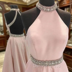 Pink High Neck Long Prom Dresses, Pink Backless Evening Dresses